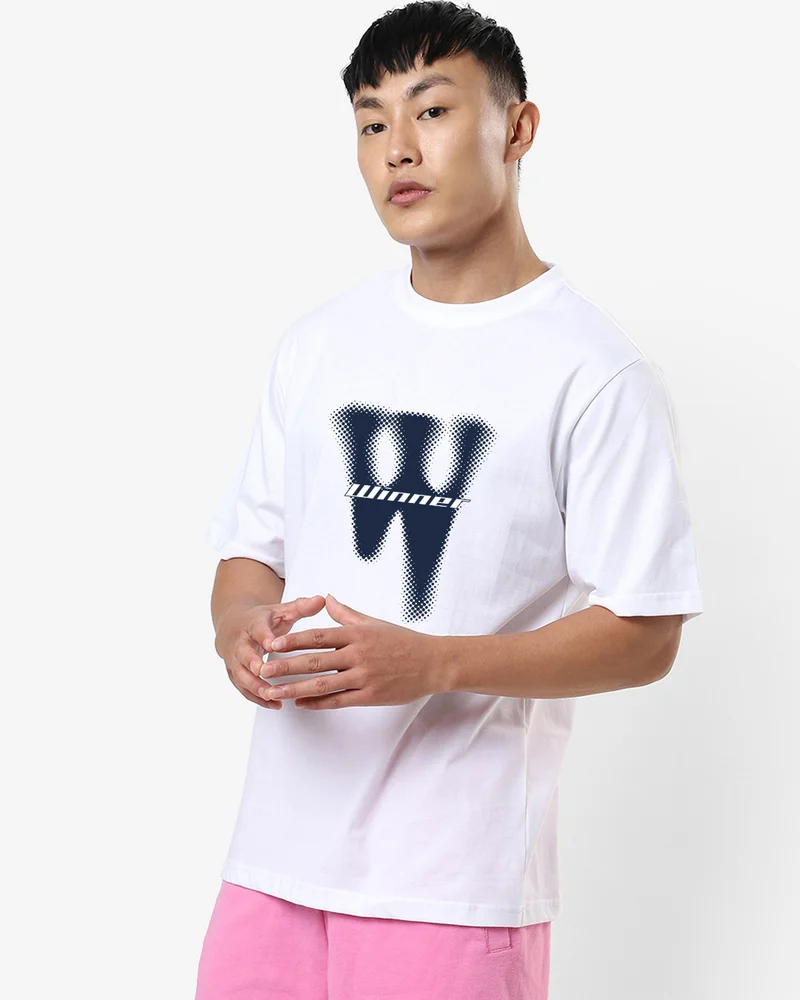 bewakoof Men's White Winner Typography Oversized T-shirt